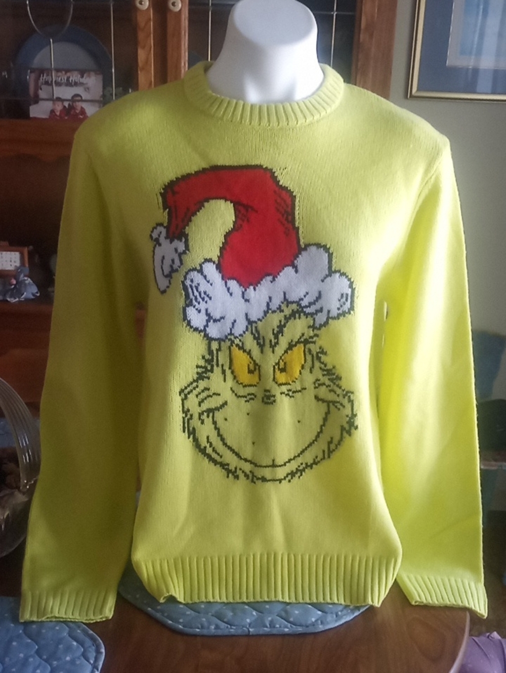 Dr. Seuss Neon Yellow Grinch Sweater with Red Santa Hat